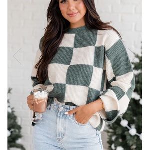 Pink lily best behavior green checkered crewneck sweater- M